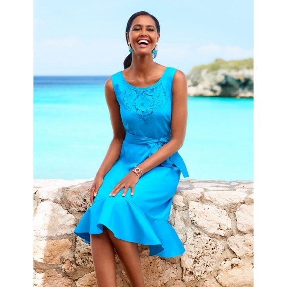 Talbots Embroidered Sateen Fit-and-Flare Dress - Picture 2 of 14